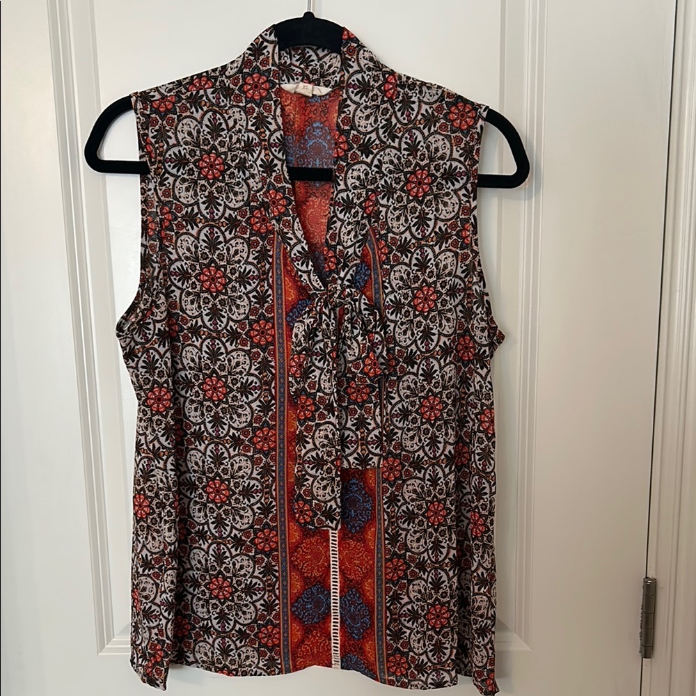 Adiva orange, blue, white and olive Sleeveless Tie Front Shell